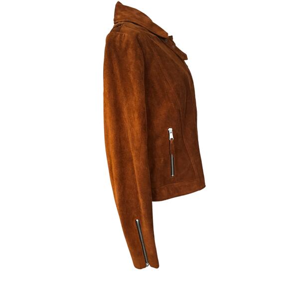 Andrew Marc Genuine Suede Leather Moto Bomber Jacket Brown Size Medium NWT - Picture 5 of 14